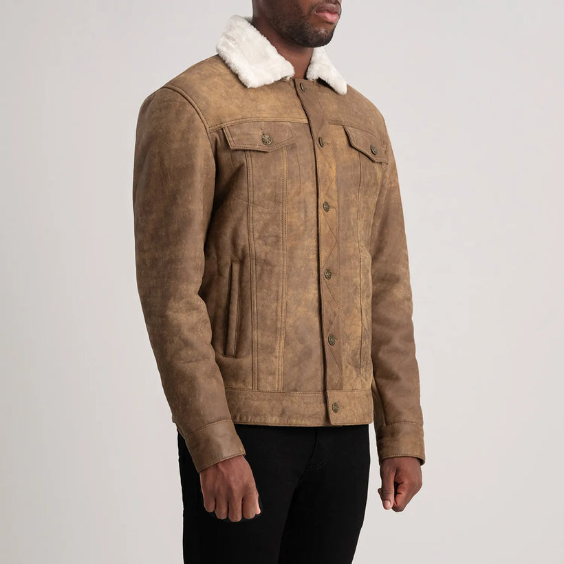 Dallis Marrón Envejecido Leather Shearling Trucker Chaqueta de Cuero para Hombre