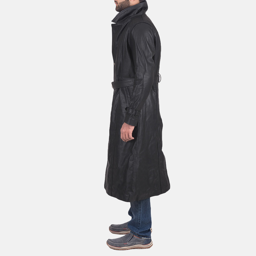 Men's Daniel Negro Trench de Cuero para Hombre - Vista de perfil lateral con corte ergonómico de manga