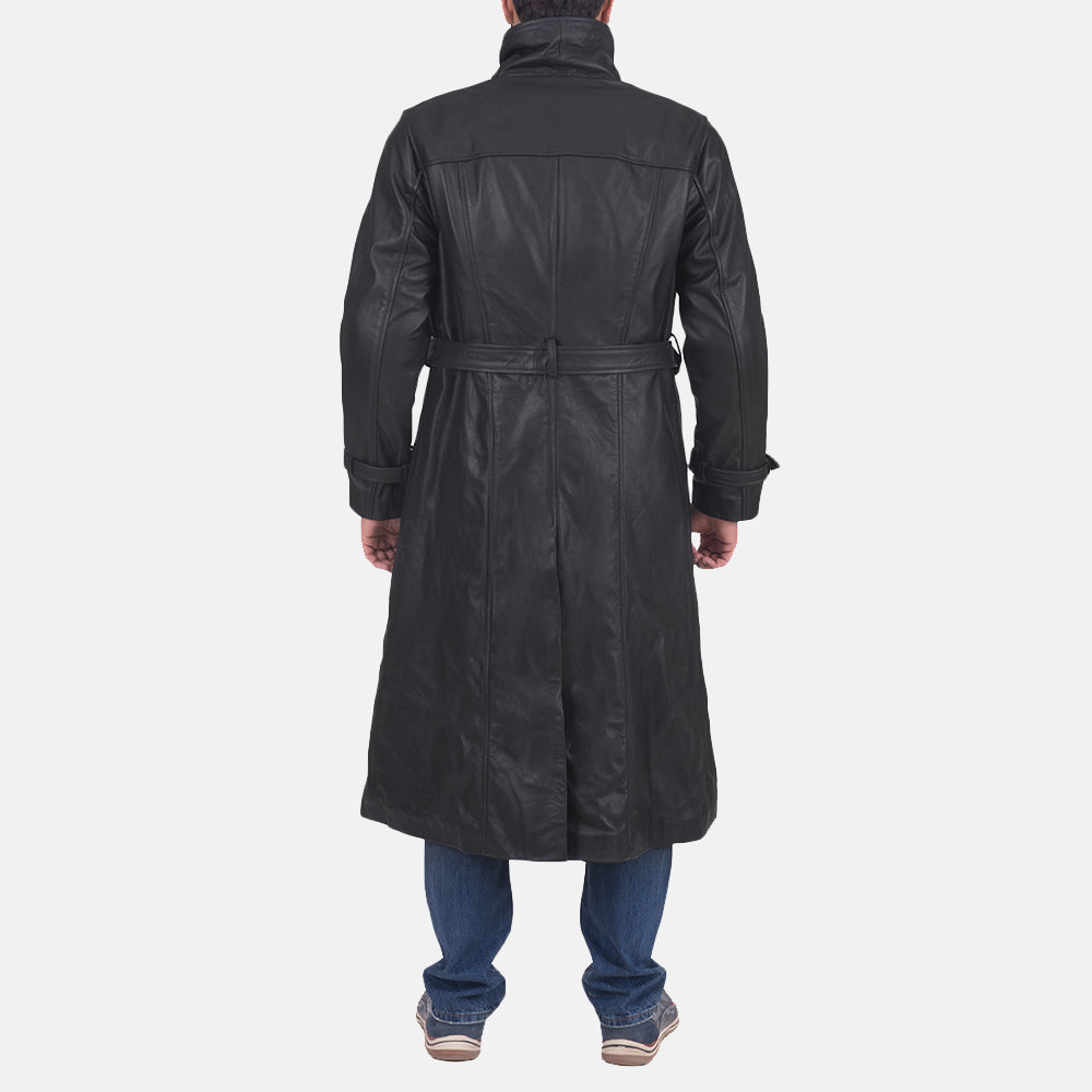 Detalle de cerca of Classic Collar &amp; Button &amp; Waist belt Hardware on Men's Daniel Negro Trench de Cuero para Hombre