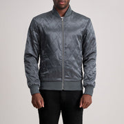 Danson Acolchado Gris Varsity Chaqueta de Cuero para Hombre in Grey Satin - Vista frontal y silueta a medida | Comprar online