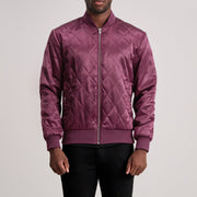 Danson Acolchado Granate Varsity Chaqueta de Cuero para Hombre in Maroon Satin - Vista frontal y silueta a medida | Comprar online