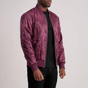 Maroon Satin Aviator Jacket - Vista trasera con ajuste entallado en hombros y bajo impecable
