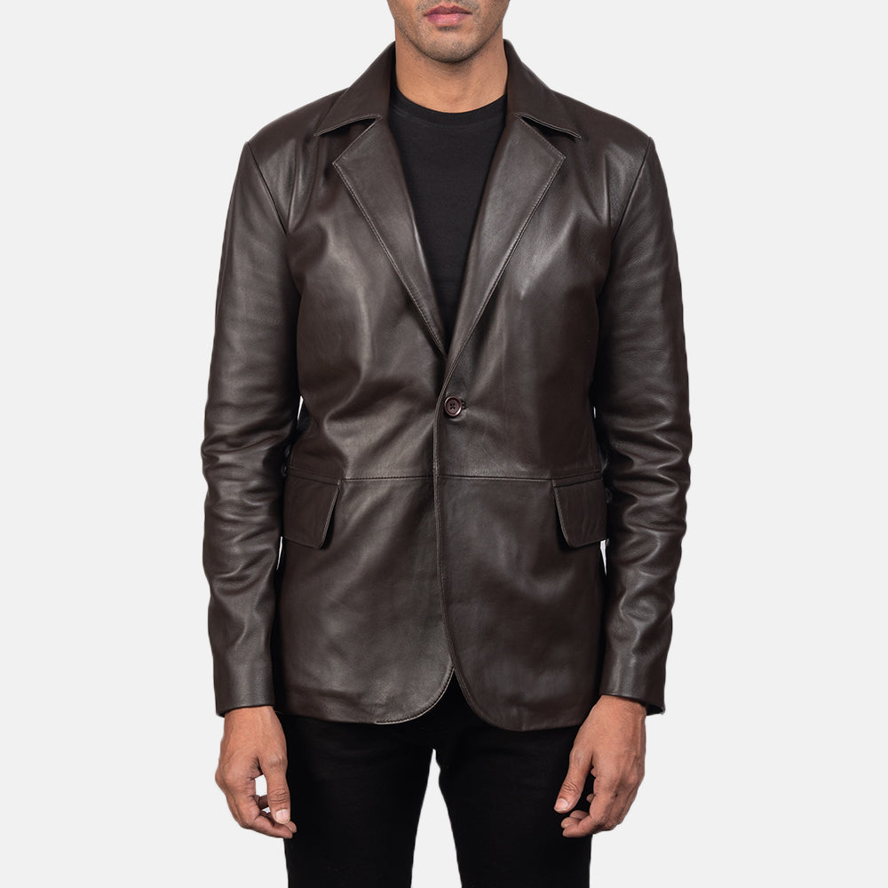 Daron Marrón Blazer de Cuero de Cuero para Hombre in Brown Sheepskin Leather - Vista frontal y silueta a medida | Comprar online