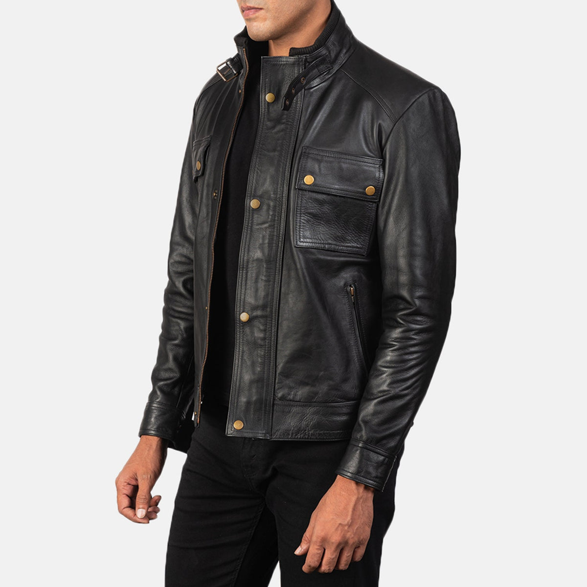 
Black 100% Full-Grain Leather Biker Jacket - Vista posterior con hombros definidos y bajo impecable