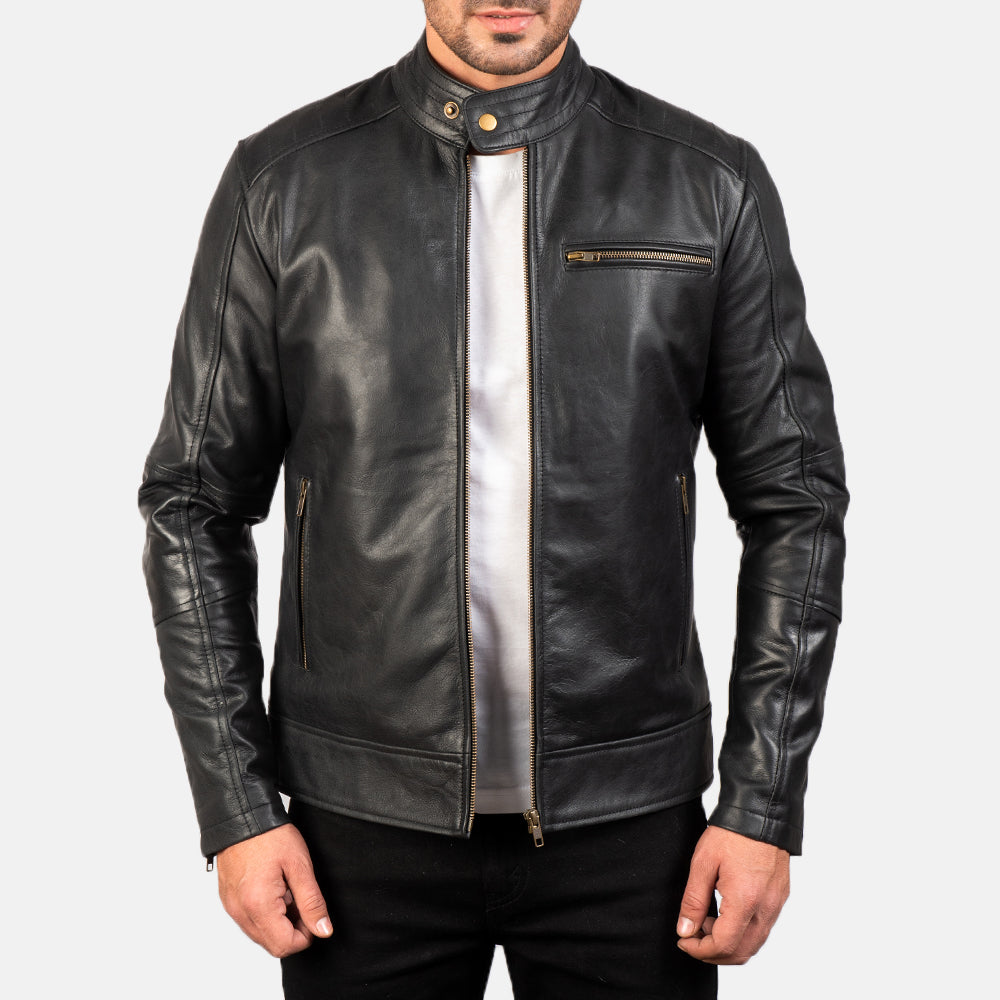 Dean Negro Chaqueta Biker de Cuero para Hombre en cuero vacuno negro - Vista frontal y silueta entallada | Comprar online