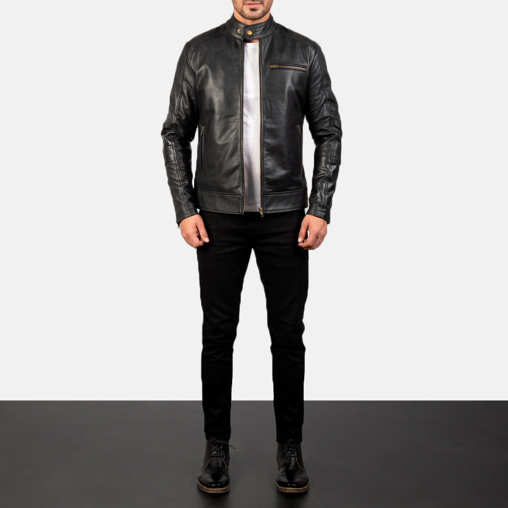 Dean Negro Chaqueta Biker de Cuero para Hombre - Vista de perfil mostrando el corte ergonómico de manga
