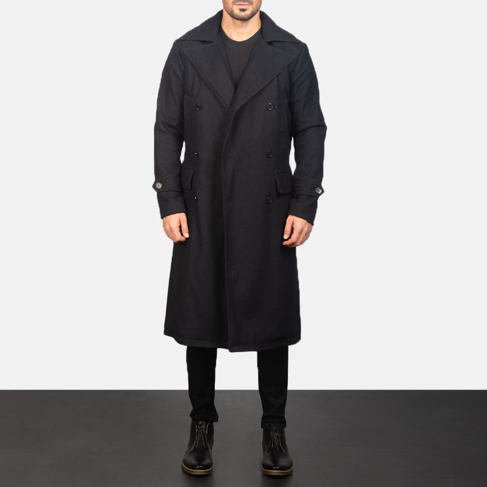 
Detective Negro Wool Abrigo de Cuero para Hombre - Vista lateral mostrando el corte ergonómico de mangas