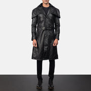 Black Cowhide Leather Trench Coat - Vista trasera con ajuste entallado en hombros y bajo impecable