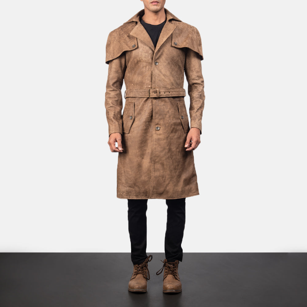 
Vista de detalle of Classic Collar & Buttons + Belt Hardware on Deux Marrón Leather Duster para Hombre