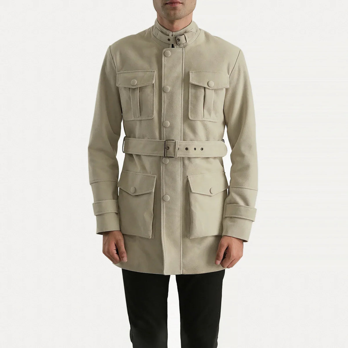 Dolf Off-Blanco Chaqueta de Gamuza para Hombre in Off-White Cowhide Suede - Vista frontal y silueta a medida | Comprar online