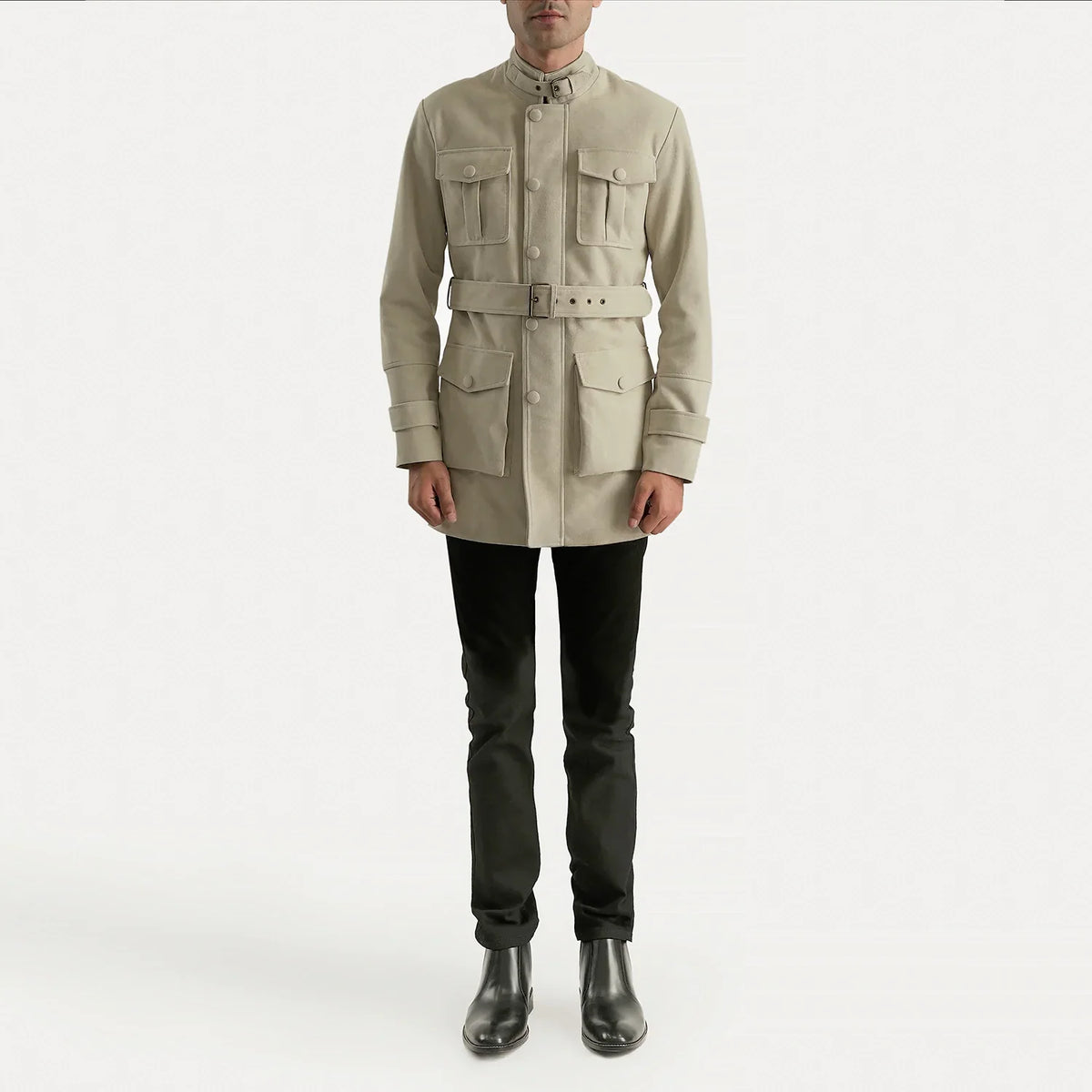 Dolf Off-Blanco Chaqueta de Gamuza para Hombre - Vista de perfil lateral con corte ergonómico de manga