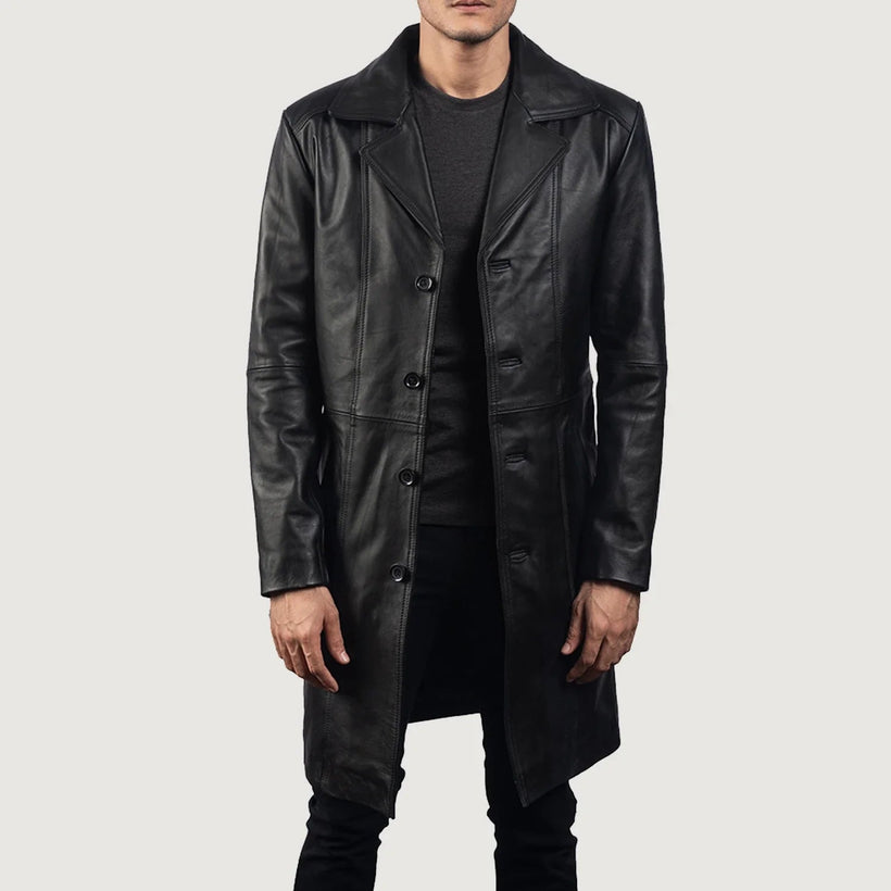 Don Long Negro Abrigo de Cuero para Hombre