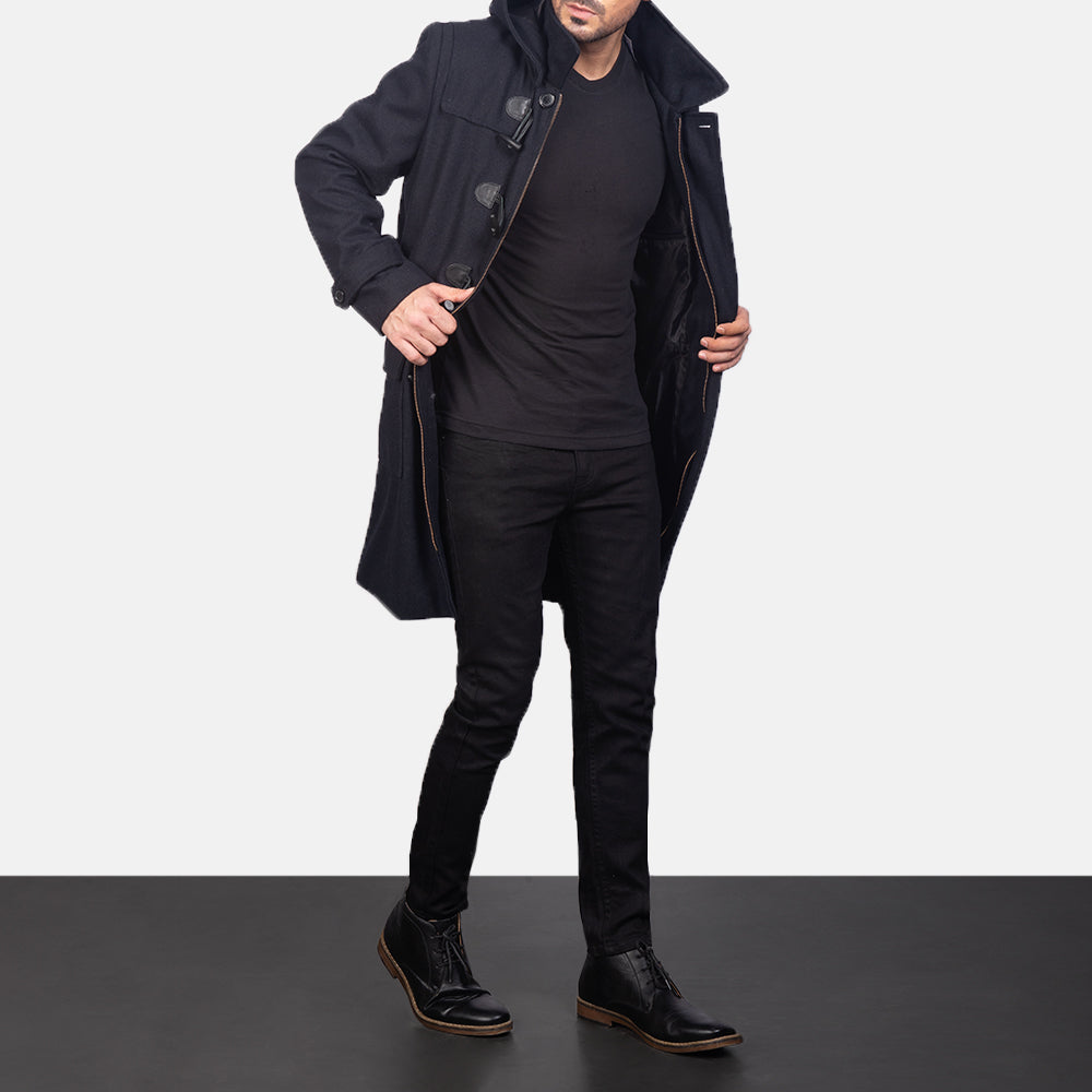 Men's Drake Black Wool Duffle Coat in Black Synthetic Wool - Vista frontal y silueta a medida | Comprar online