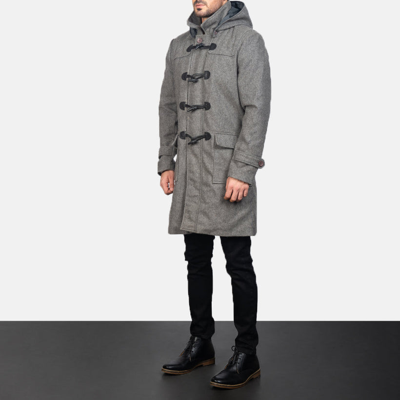 Drake Gris Wool Hooded Duffle Abrigo de Cuero para Hombre