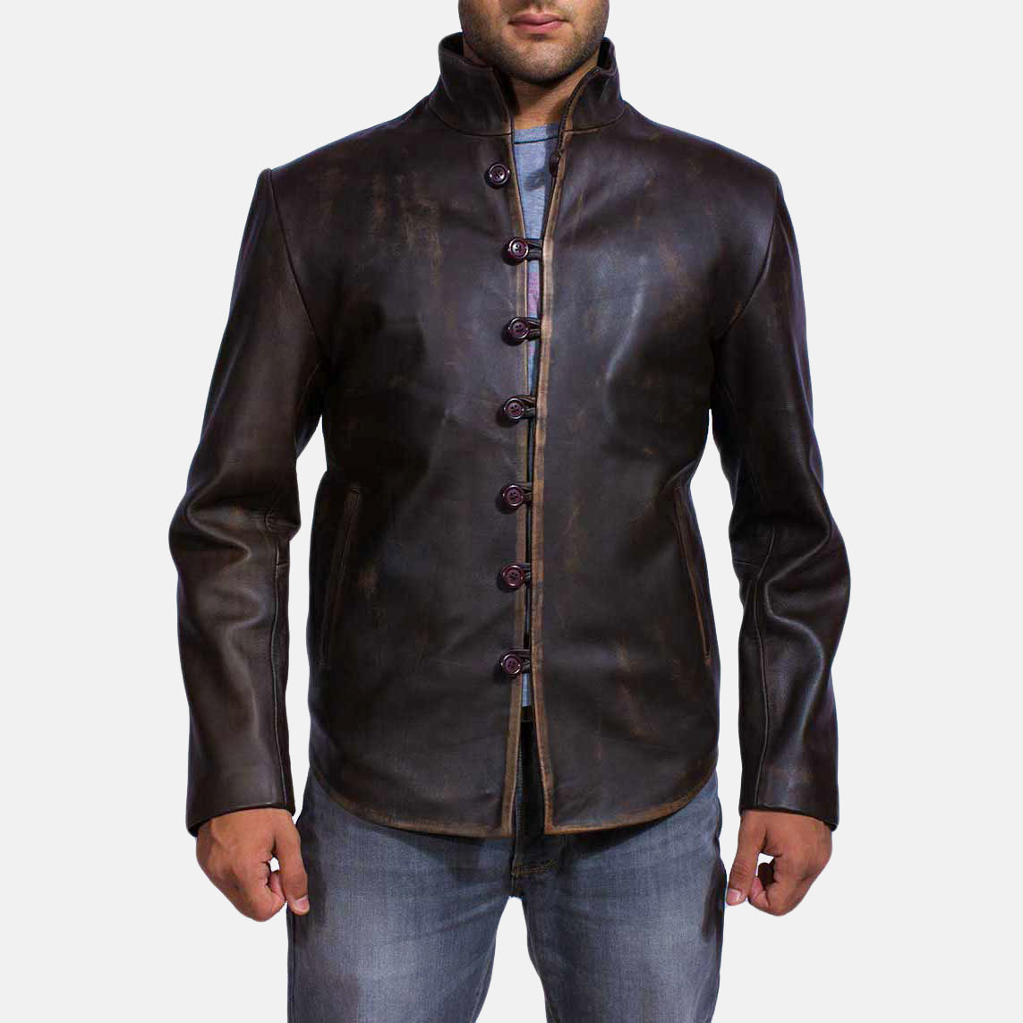 Men's Drakeshire Brown Leather Jacket in Distressed Brown Goatskin Leather - Vista frontal y silueta a medida | Comprar online