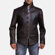 Men's Drakeshire Brown Leather Jacket in Distressed Brown Goatskin Leather - Vista frontal y silueta a medida | Comprar online