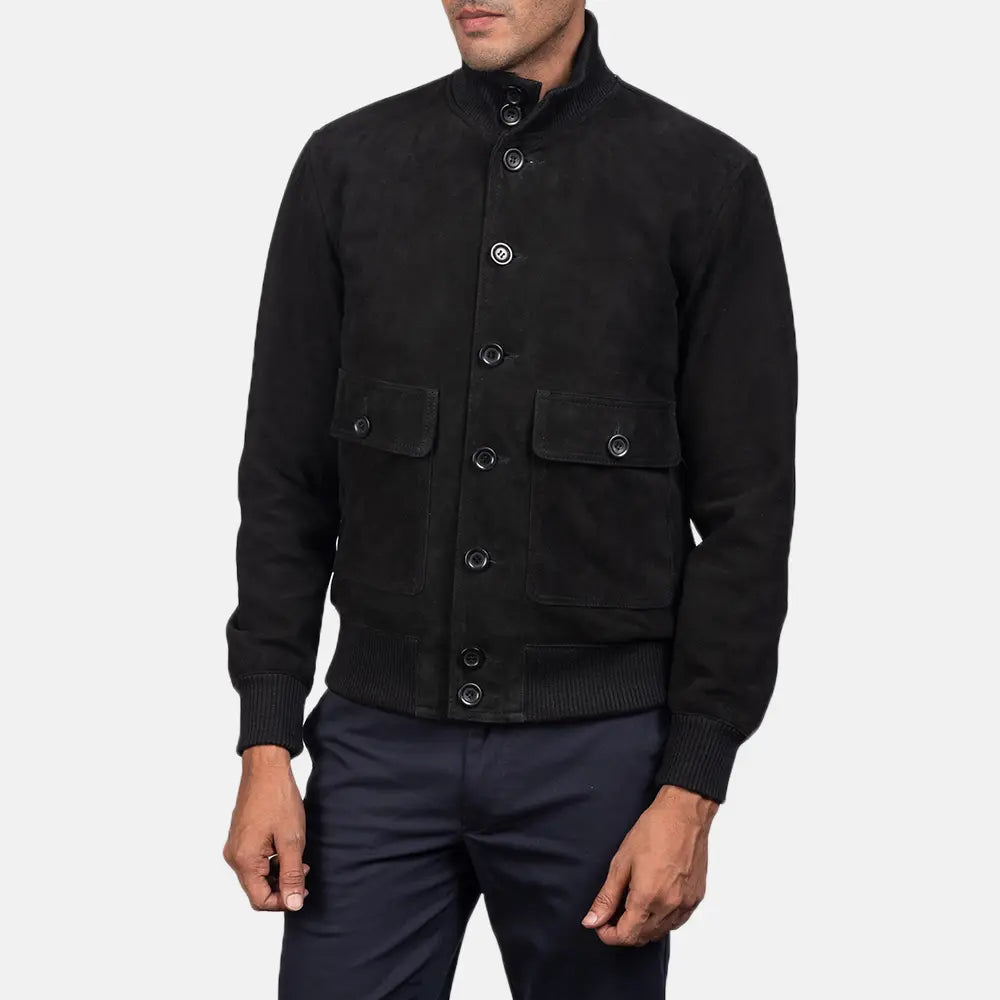 Men's Eaton Brown Suede Bomber Jacket - Vista de perfil lateral con corte ergonómico de manga
