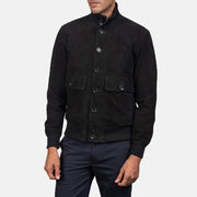 Men's Eaton Brown Suede Bomber Jacket - Vista de perfil lateral con corte ergonómico de manga