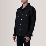 
Eddie Negro Oversized Denim Trucker Chaqueta de Cuero para Hombre For Men - Vista lateral mostrando el corte ergonómico de mangas