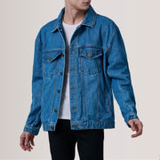 
Eddie Dark Azul Oversized Denim Trucker Chaqueta de Cuero para Hombre For Men in Dark Blue Full-Grain Leather - Vista frontal y silueta entallada | Comprar online