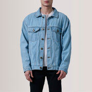 Eddie Light Azul Oversized Denim Trucker Chaqueta de Cuero para Hombre For Men in Light Blue Full-Grain Leather - Vista frontal y silueta a medida | Comprar online