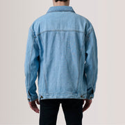 Detalle de cerca of Classic Collar &amp; Heavy-Duty Zipper Hardware on Eddie Light Azul Oversized Denim Trucker Chaqueta de Cuero para Hombre For Men