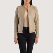 Elixir Beige Collarless Leather Jacket in Beige Sheepskin Leather - Vista frontal y silueta a medida | Comprar online
