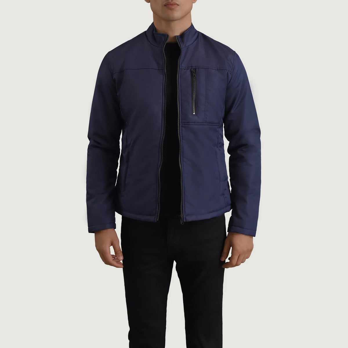 Elliot Azul Lightweight Chaqueta de Cuero para Hombre in Blue Full-Grain Leather - Vista frontal y silueta a medida | Comprar online