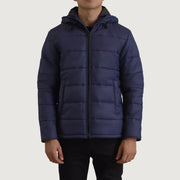 Erico Azul Hooded Puffer Chaqueta de Cuero para Hombre in Blue Full-Grain Leather - Vista frontal y silueta a medida | Comprar online