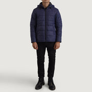 Erico Azul Hooded Puffer Chaqueta de Cuero para Hombre - Vista de perfil lateral con corte ergonómico de manga