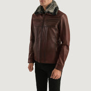 Distressed Brown Sheepskin Burnishing Aviator Jacket - Vista trasera con ajuste entallado en hombros y bajo impecable