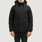 Exton Negro Hooded Down Puffer Chaqueta de Cuero para Hombre in Black Full-Grain Leather - Vista frontal y silueta a medida | Comprar online