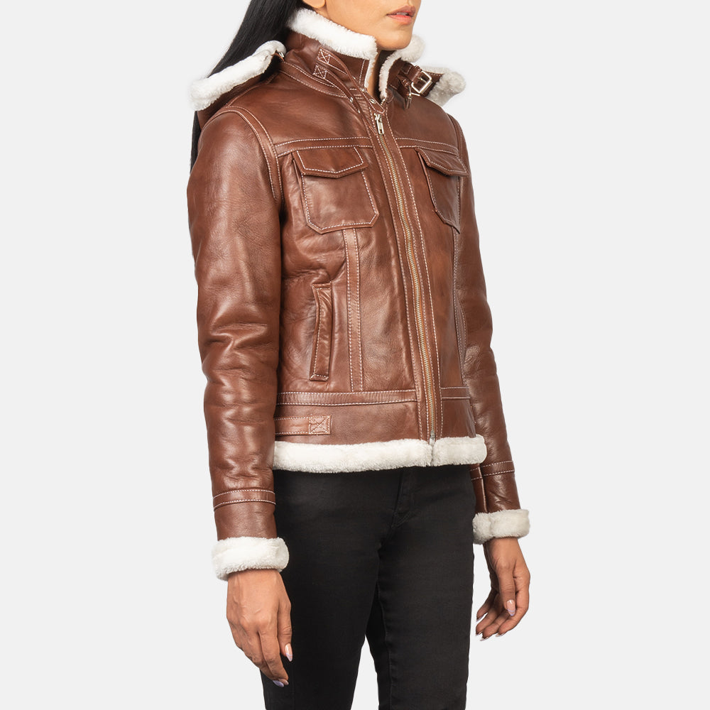 
Vista de detalle of High Neck with Belt & Zipper Hardware on Fiona Brown Hooded Shearling Leather Jacket