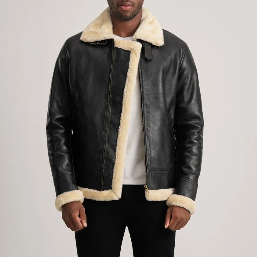 Francis B-3 Negro Cazadora Bomber de Cuero para Hombre