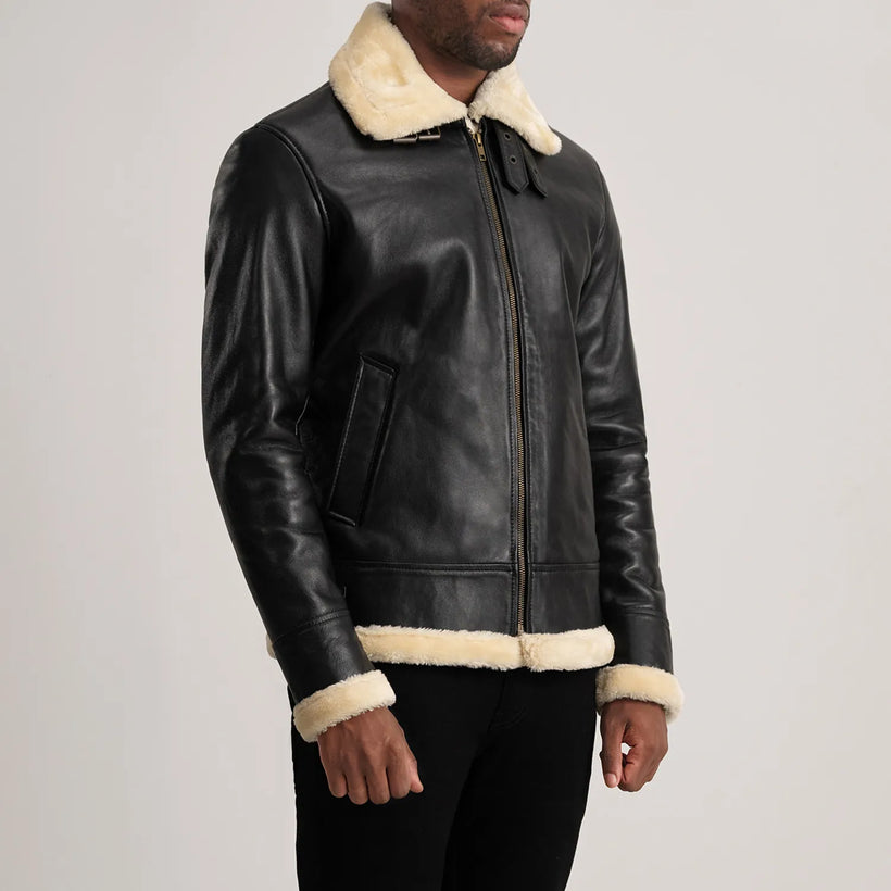 Francis B-3 Negro Cazadora Bomber de Cuero para Hombre