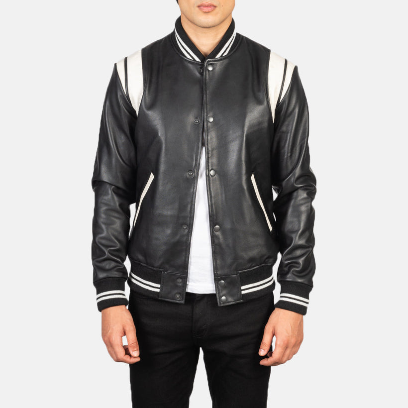 [FS] Dantee Negro Leather Varsity Chaqueta de Cuero para Hombre