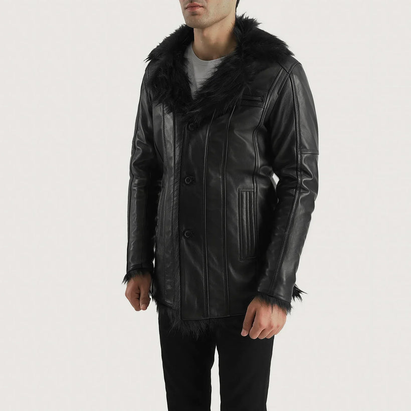 Furcliff Negro Abrigo de Cuero para Hombre