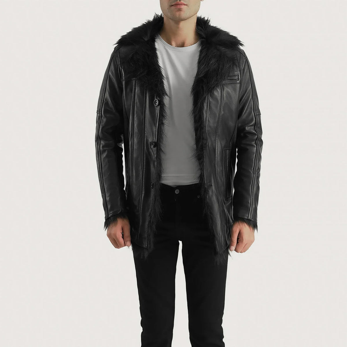 
Furcliff Negro Abrigo de Cuero para Hombre - Vista lateral mostrando el corte ergonómico de mangas
