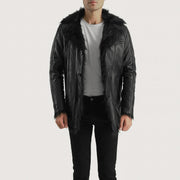 
Furcliff Negro Abrigo de Cuero para Hombre - Vista lateral mostrando el corte ergonómico de mangas