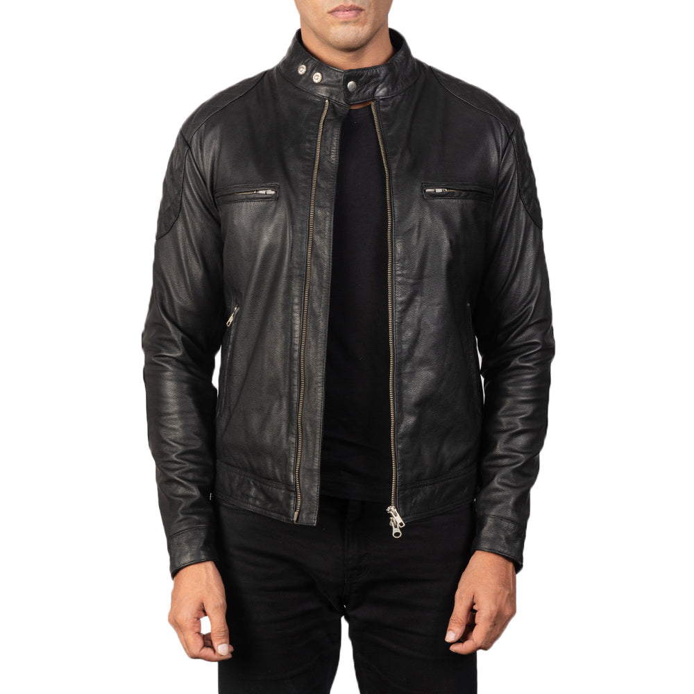 Men's Gatsby Quilted Black Leather Biker Jacket in Black Goatskin Leather - Vista frontal y silueta a medida | Comprar online