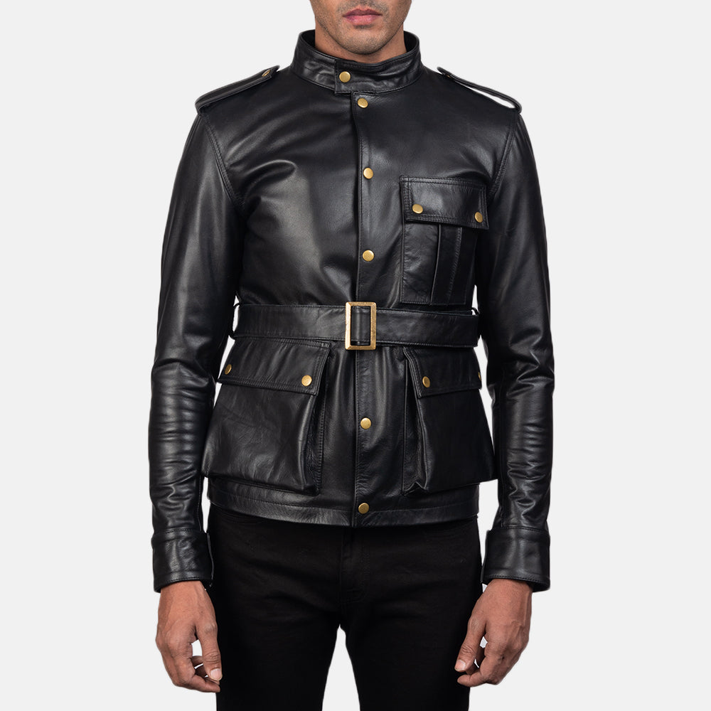 Germain Negro Chaqueta de Cuero para Hombre in Black Cowhide Leather - Vista frontal y silueta a medida | Comprar online