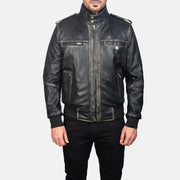 Glen Street Negro Cazadora Bomber de Cuero para Hombre in Black Cowhide Leather - Vista frontal y silueta a medida | Comprar online