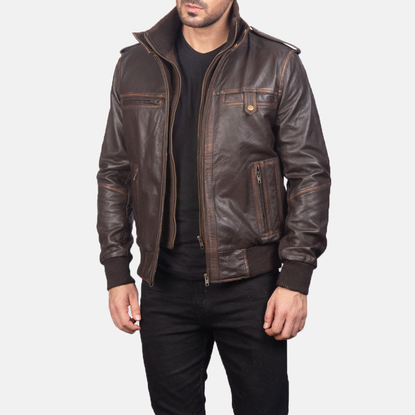 Glen Street Marrón Chaqueta Bomber de Cuero para Hombre