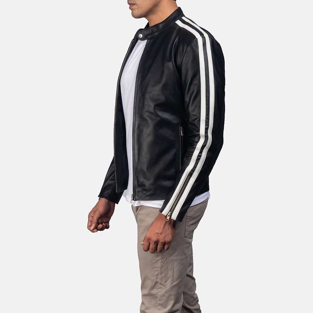 
Primer plano del cuello con broche a presión y cremalleras de Hank Negro Chaqueta Biker de Cuero para Hombre