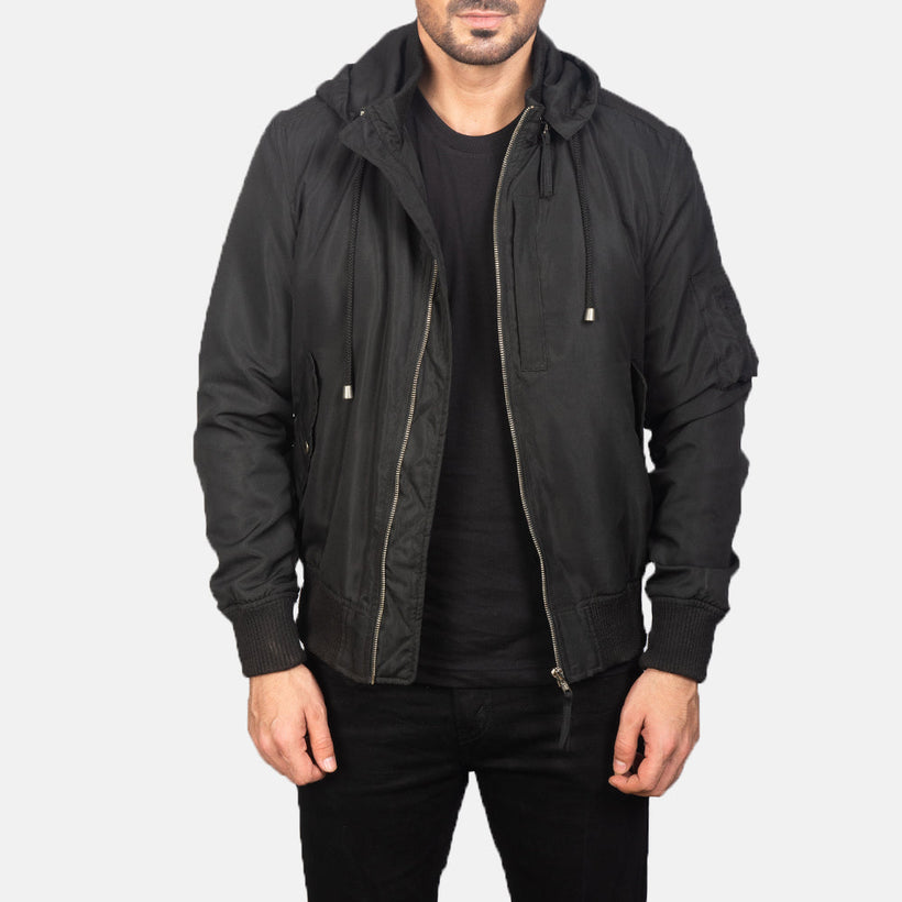 Hanklin MA-1 Negro Hooded Chaqueta Bomber de Cuero para Hombre