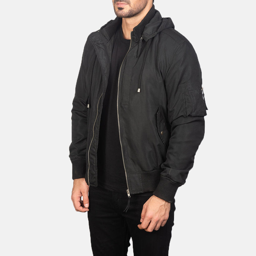 Hanklin MA-1 Negro Hooded Chaqueta Bomber de Cuero para Hombre