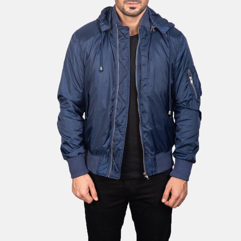 Hanklin MA-1 Azul Hooded Chaqueta Bomber de Cuero para Hombre