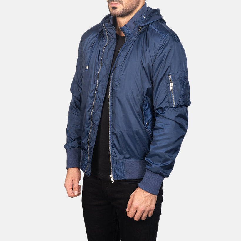Hanklin MA-1 Azul Hooded Chaqueta Bomber de Cuero para Hombre