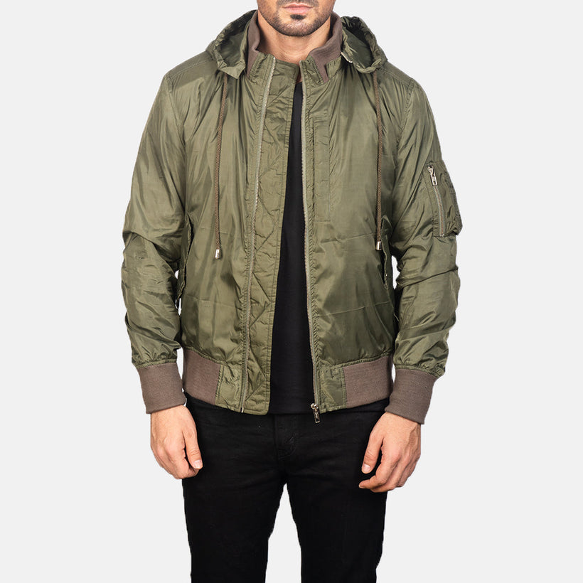 Hanklin MA-1 Verde Hooded Chaqueta Bomber de Cuero para Hombre