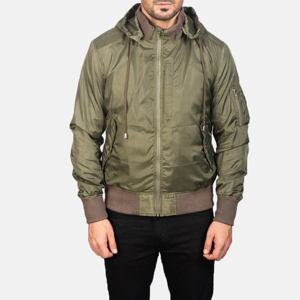 
Vista de detalle of Knit Rib with Removable Nylon Hood & Zipper Hardware on Hanklin Ma-1 Green Hooded Bomber Jacket